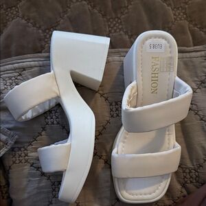 Fashion Nova Cream Block Heel Sandals